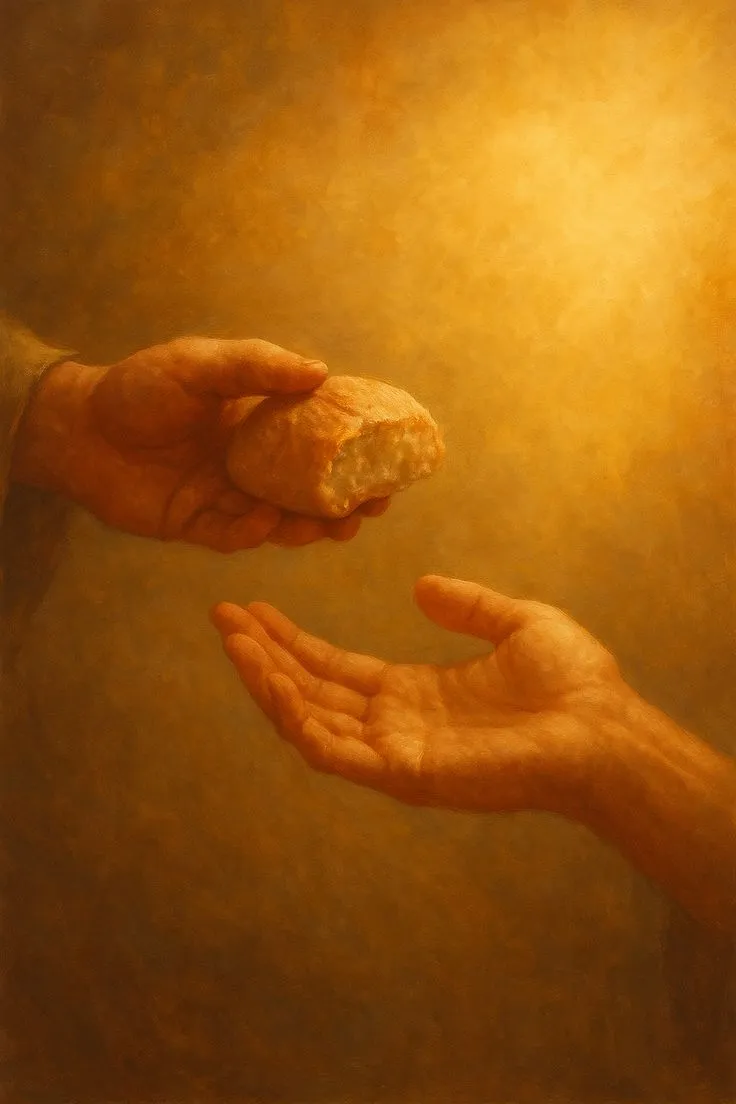 Ilustración de una mano que comparte pan con otra
